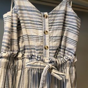 Linen Midi Dress - blue and white stripes